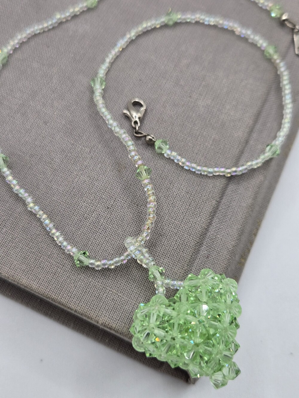Bead Woven Green Crystal Choker Necklace Heart Charm 15" Bicone Whimsical Fairy